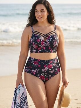 torrid Black Floral Strappy Longline Bikini Top & High Waist Bottoms